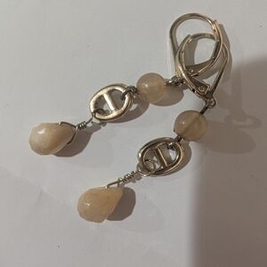 Cream Bead Drop Earrings with Gold-Tone Accents